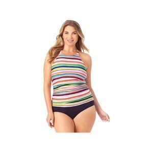 Anna Cole   Multicolor Striped Adjustable Straps High Neck Pull-Over Tankini L